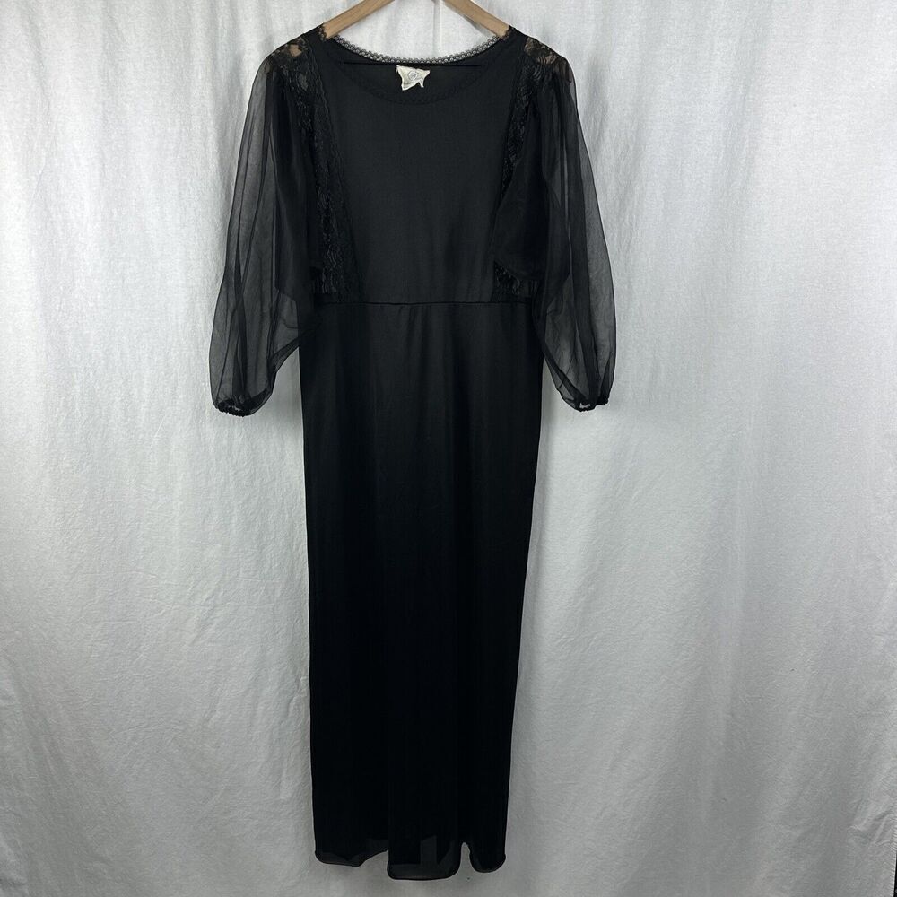 Undercover Wear Black Semi Sheer Lace Puff 3/4 Sleeves Nylon Nightgown Dress